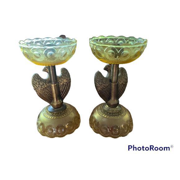 RARE Vintage Mid Century EAGLE Depression Glass & BRASS Candlesticks AMERICANA - Picture 2 of 14